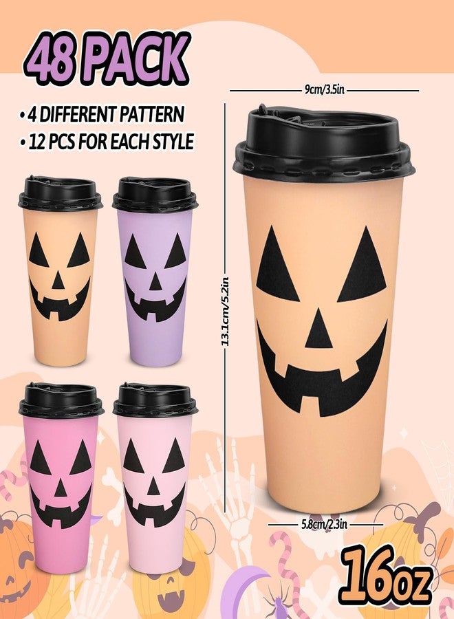 Whaline Halloween Disposable Coffee Cups Ghost Pumpkin Paper Cups with Lids 16 Oz for Holiday Birthday Party Home Office Travel Supplies Hot Cold Drinks, 48 Pcs - Image 2